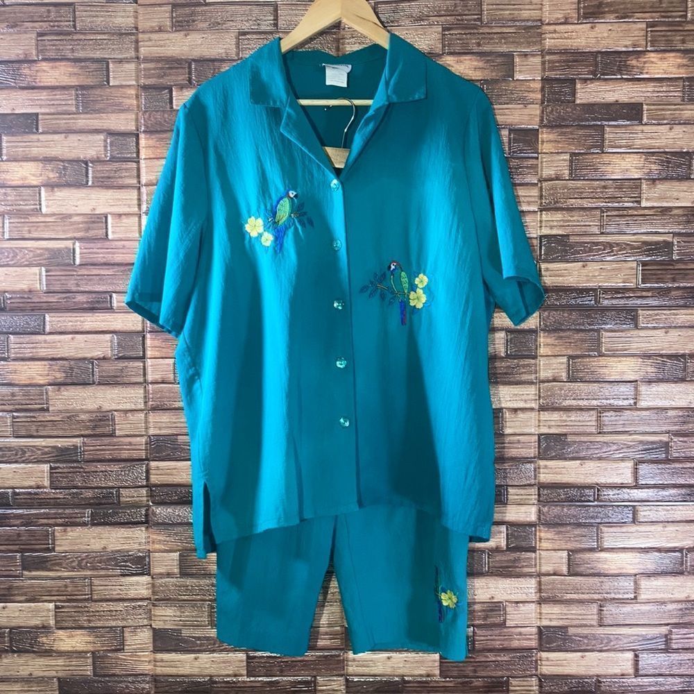 Vintage Womens Large Bon Worth Bermuda Set Green W/Parrots